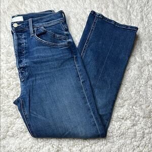 MOTHER Indigo Denim Jeans Blue Jeans Straight Leg Button Fly Slight Distressed
